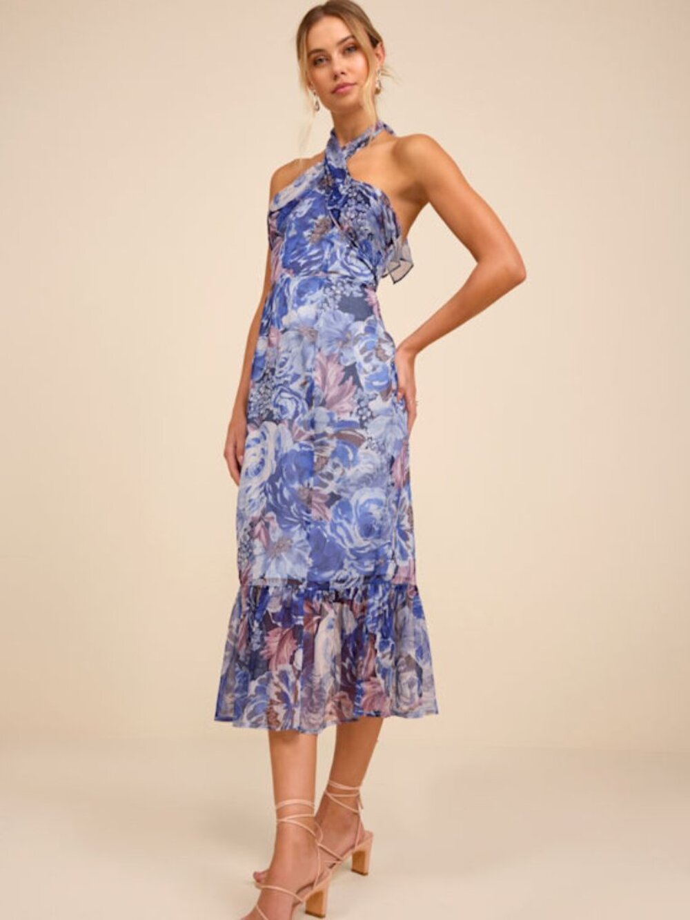 Lulus Juno Blue Multi Floral Halter Trumpet Midi Dress - Size XS